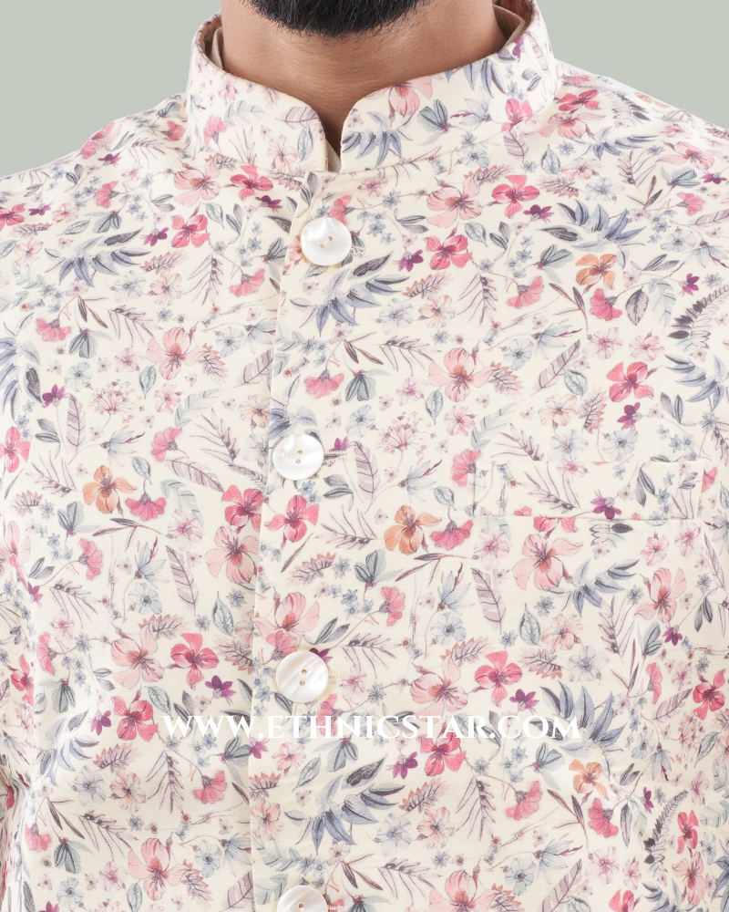Cotton Silk Floral Printed Nehru Jacket